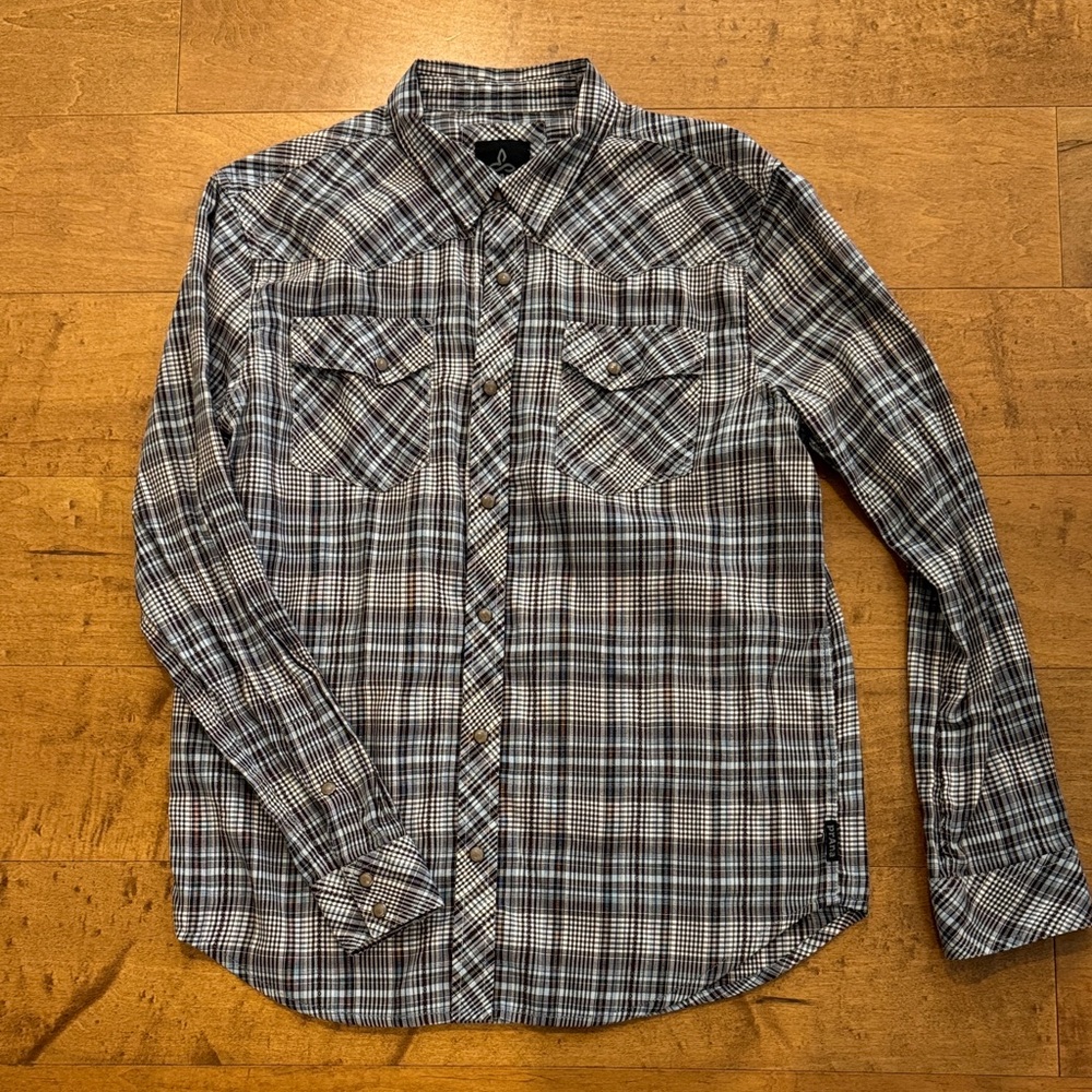 Prana Men's Blue and White Plaid Shirt